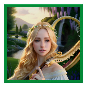 Poster Blonde belle Muse Jouer une harpe