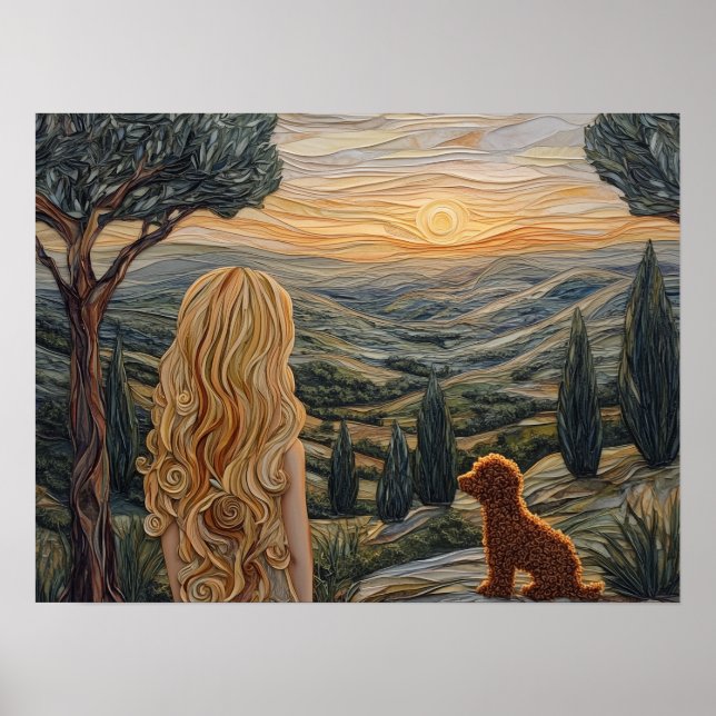 Poster Blonde fille, chien, marche, coucher de soleil, mo (Devant)