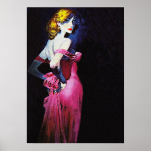 Poster Blonde Girl in Pink En robe Vintage Pâte