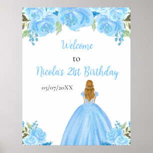 Poster Blonde Hair Princess Blue Floral Anniversaire Bien