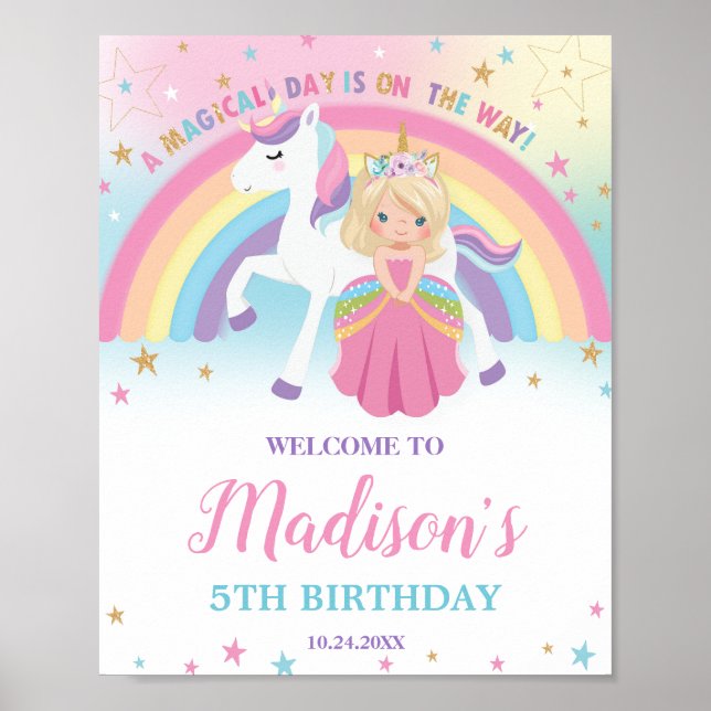 Poster Blonde Princess Unicorn Anniversaire Arc en ciel B (Devant)