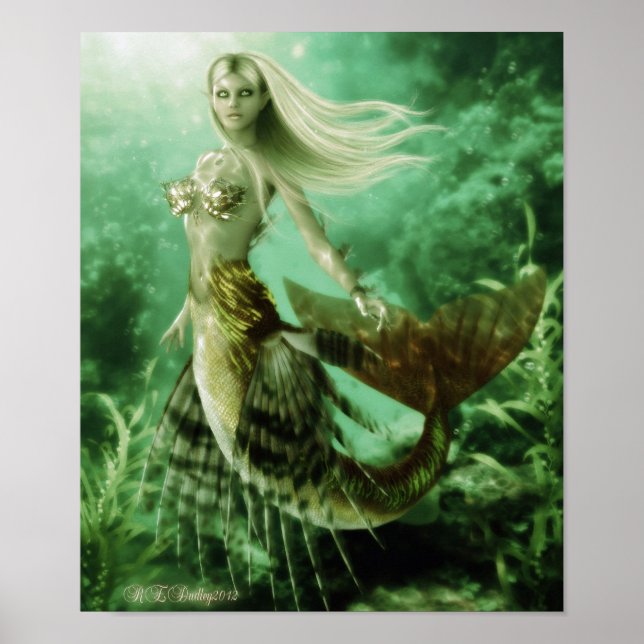 Poster Blonde sirène nageant dans l'affiche de récif (Devant)