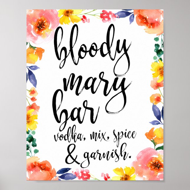 Poster Bloody Mary Bar Floral Aquarelle 8x10 (Devant)