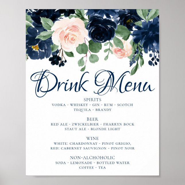 Poster Blooms Chics | Menu de boissons bleu marine et ros (Devant)