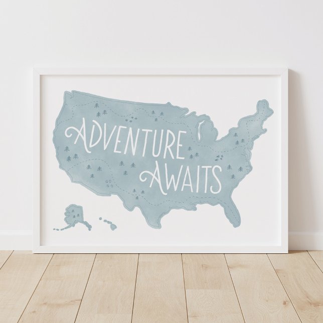 Poster Blue Adventure Attend US Map Kids Room Decor (Créateur téléchargé)