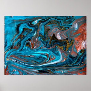 Poster Blue and gold marbling pattern. Golden marble liqu
