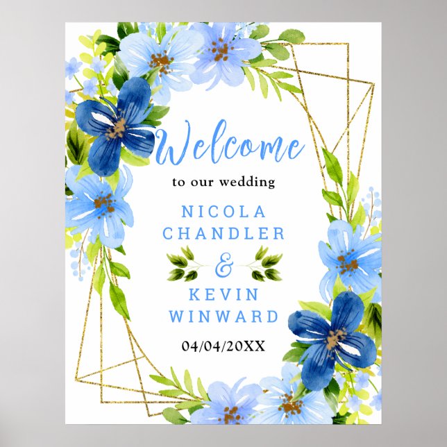 Poster Blue and Navy Flowers Wedding Welcome Sign (Devant)