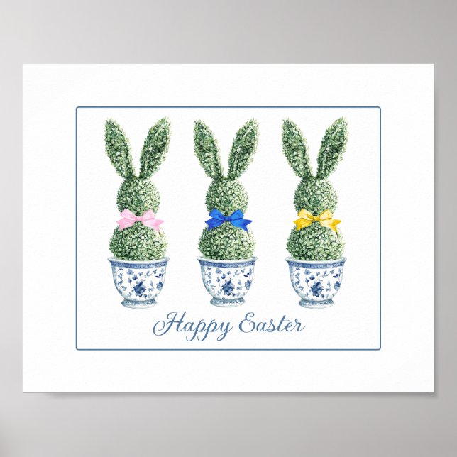 Poster Blue and White Chinoiserie With Rabbit Topiaries (Devant)