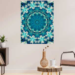 Poster Blue Aqua Mandala Rosette Retro Hippie