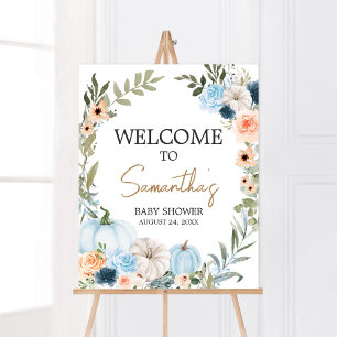 Poster Blue Autumn Flowers Citrouille Baby shower Bienven