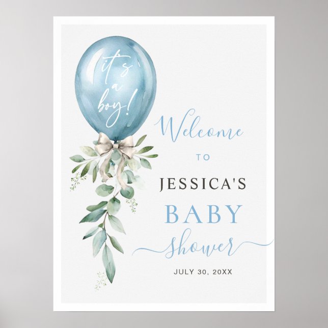 Poster Blue Balloon Bow Greenery Baby Shower Welcome (Devant)