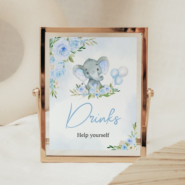 Poster Blue Balloon Floral Elephant Boissons (Boy Elephant Balloon Baby Shower Drinks Sign)
