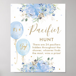 Poster Blue Balloons Floral Boy Baby Pacifier Jeu de chas