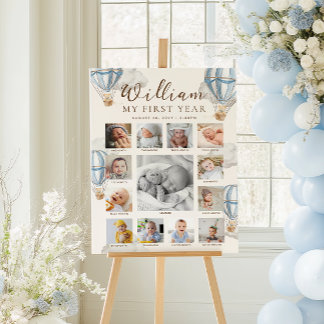 Poster Blue Beary First Birthday Photo Timeline