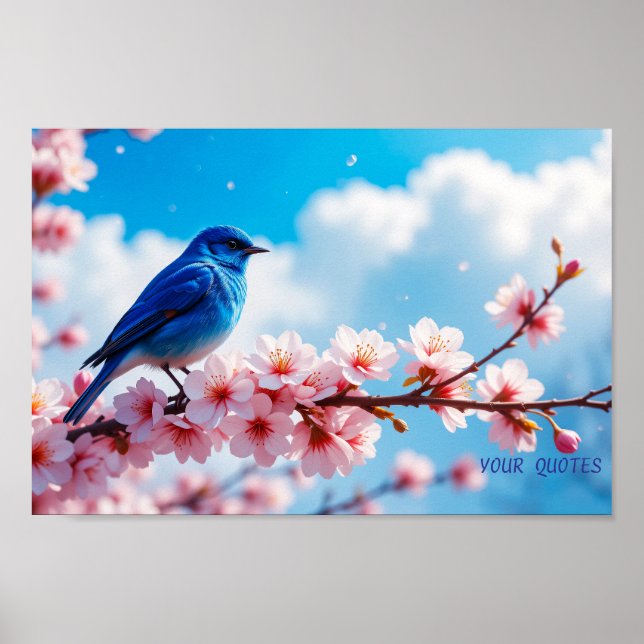 Poster Blue Bird on Cherry Blossom Branch (Devant)