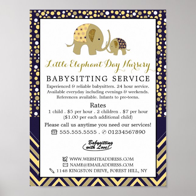 Poster Blue Boho Elephant, Babysitter, Garderie, Nourritu (Devant)
