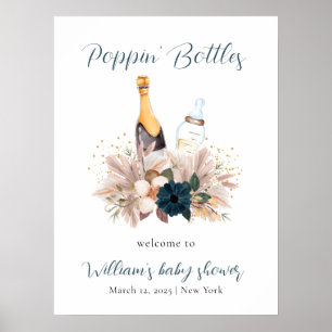 Poster Blue Boho Poppin Champagne Baby shower Bienvenue