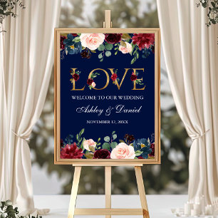 Poster Blue Bourgogne Floral Gold Love Mariage Bienvenue
