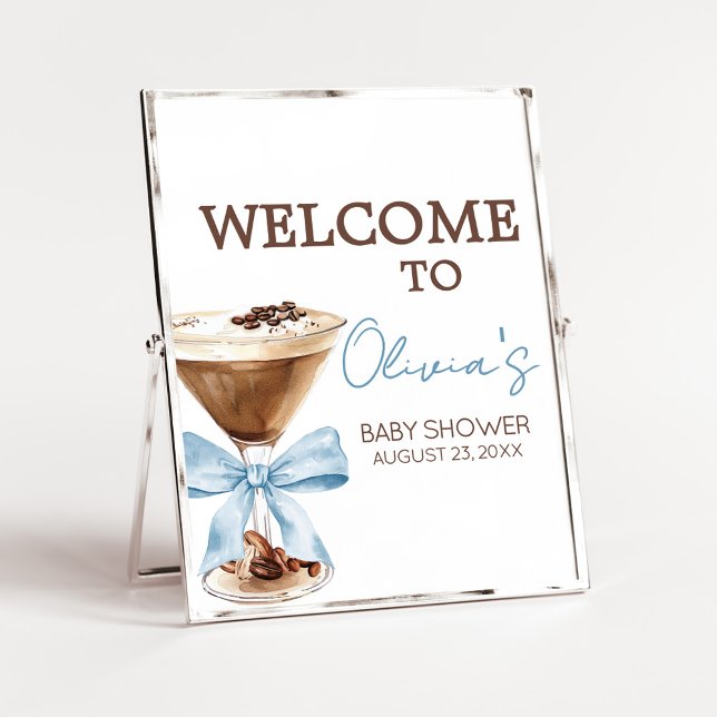 Poster Blue Bow Espresso Martini Baby Shower Welcome Sign (Espresso Baby Shower Sign)
