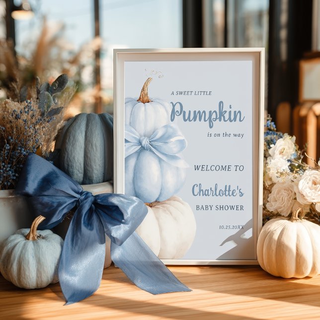Poster Blue Bow Petit Citrouille Baby shower garçon Bienv (Blue Bow Little Pumpkin Boy Baby Shower Welcome Poster)