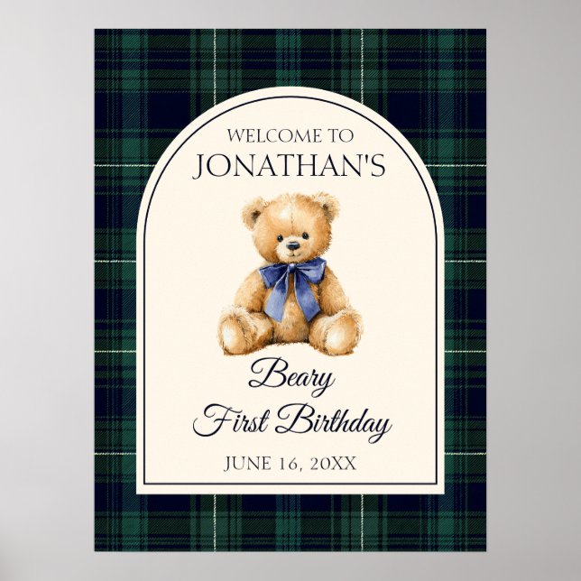 Poster Blue Bow Teddy Bear Birthday Welcome Sign (Devant)
