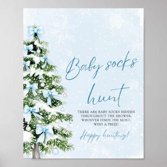 Poster Blue Bows Christmas Tree Baby Socks Hunt Game (Devant)