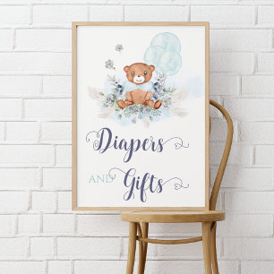 Poster Blue Boy Teddy Bear Baby shower Diapers & Cadeau