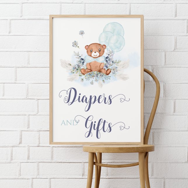 Poster Blue Boy Teddy Bear Baby shower Diapers & Cadeau (Créateur téléchargé)