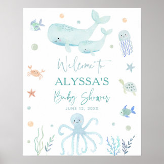 Poster Blue Boy Under the Sea Baby shower Bienvenue