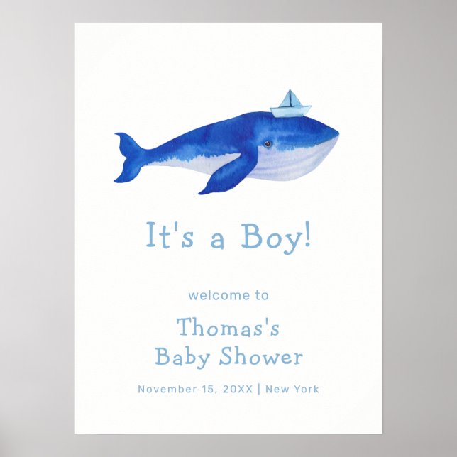 Poster Blue Boy Under the Sea Whale Baby shower Bienvenue (Devant)