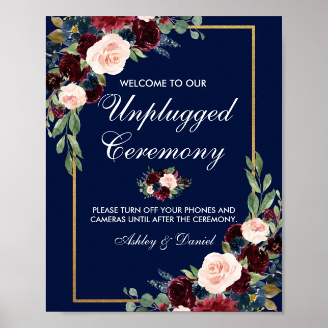 Poster Blue Burgundy Gold Floral Mariage débranché (Devant)