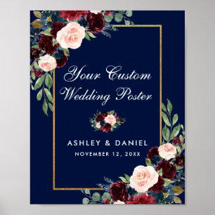 Poster Blue Burgundy Gold Floral Mariage personnalisé