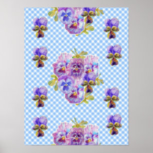 Poster Blue Check Fleurs de Pansy Fleurs Shabby Chic Post