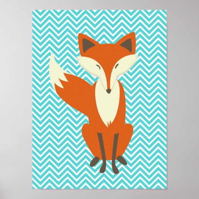 Poster Blue Chevron Sly Fox Nursery Art (Devant)
