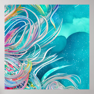 Poster Blue Coral Beach Art Abstrait