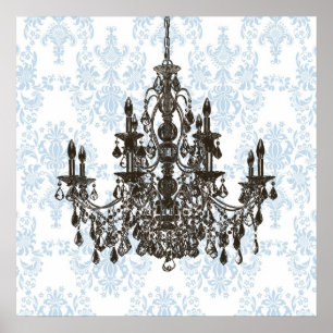 Poster Blue Damask Chandelier Wall Art Print