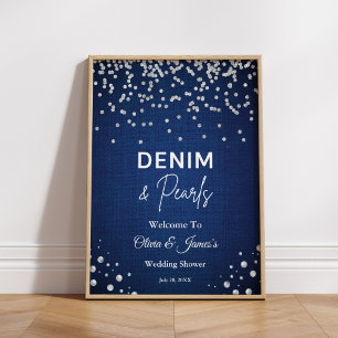 Poster Blue Denim Diamonds Pearls Couple's Shower Bienven