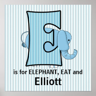 Poster Blue Elephant Monogrammé E Baby Room