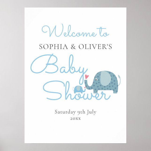 Poster Blue Elephants Couples Baby Boy Douche Bienvenue (Devant)