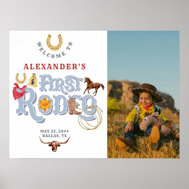 Poster Blue First Rodeo Baby Boy 1er anniversaire Bienven (Devant)