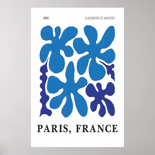 Poster Blue Floral Abstract Art Print 1950s Paris (Devant)