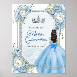 Poster Blue Floral Argent Couronne Quinceañera Bienvenue