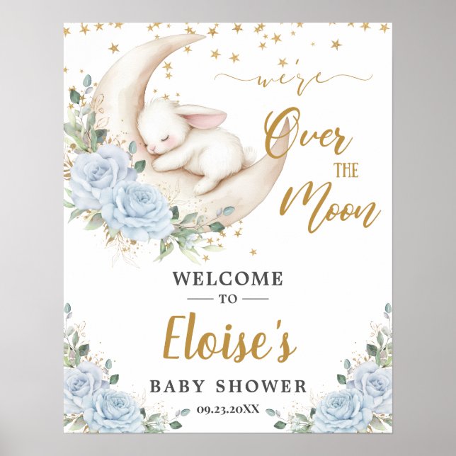 Poster Blue Floral Bunny Rabbit Moon Baby Shower Welcome (Devant)