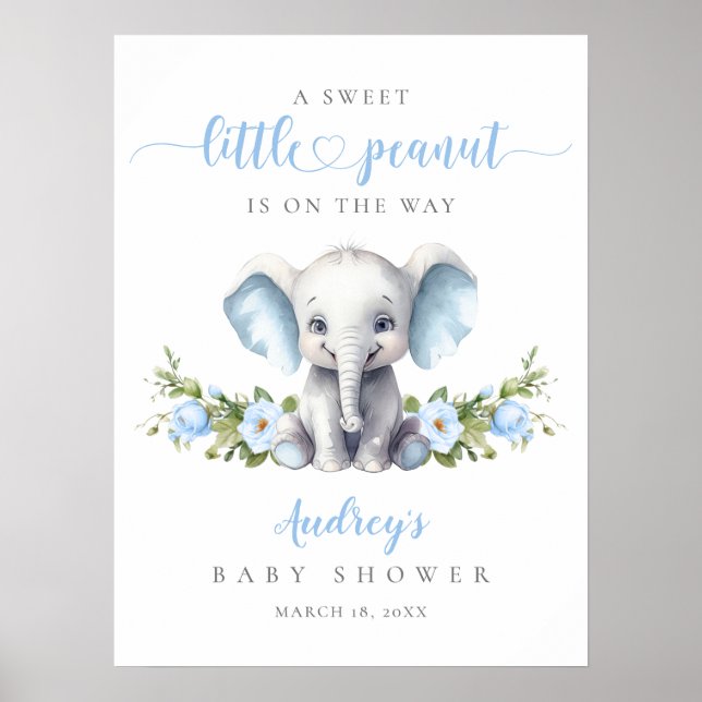 Poster Blue Floral Elephant Baby Boy Douche Bienvenue (Devant)