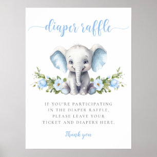 Poster Blue Floral Elephant Baby Boy Douche Déchets Raffl