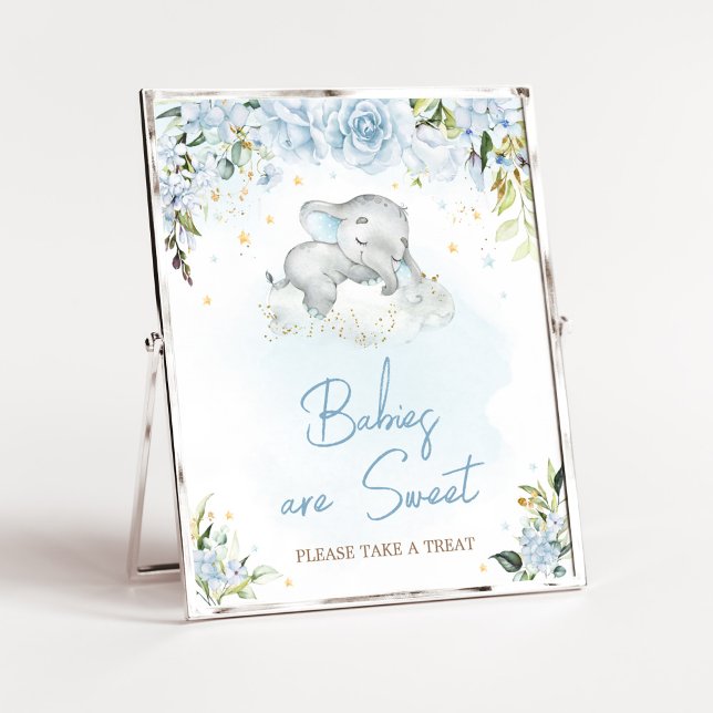 Poster Blue Floral Elephant Baby shower Les bébés sont do (Blue Floral Sleeping Elephant Baby Shower Babies are Sweet Sign)