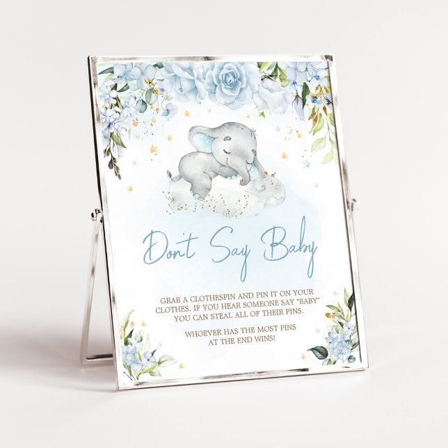 Poster Blue Floral Elephant Baby shower Ne pas dire bébé (Blue Floral Sleeping Elephant Baby Shower Don't Say Baby Sign)