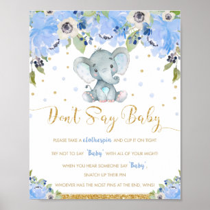 Poster Blue Floral Elephant Ne pas dire Baby shower jeu