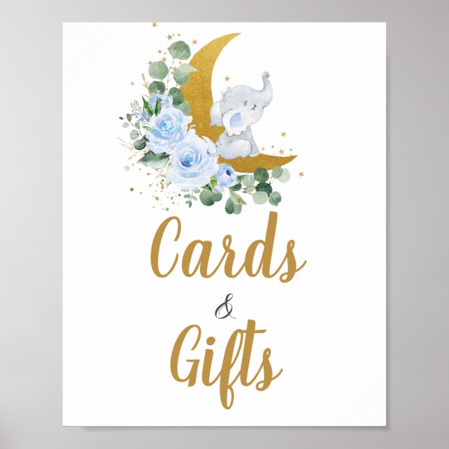 Poster Blue Floral Green Elephant Lune Cartes et Cadeaux (Devant)