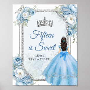 Poster Blue Floral Silver Quinceañera Quinze est doux